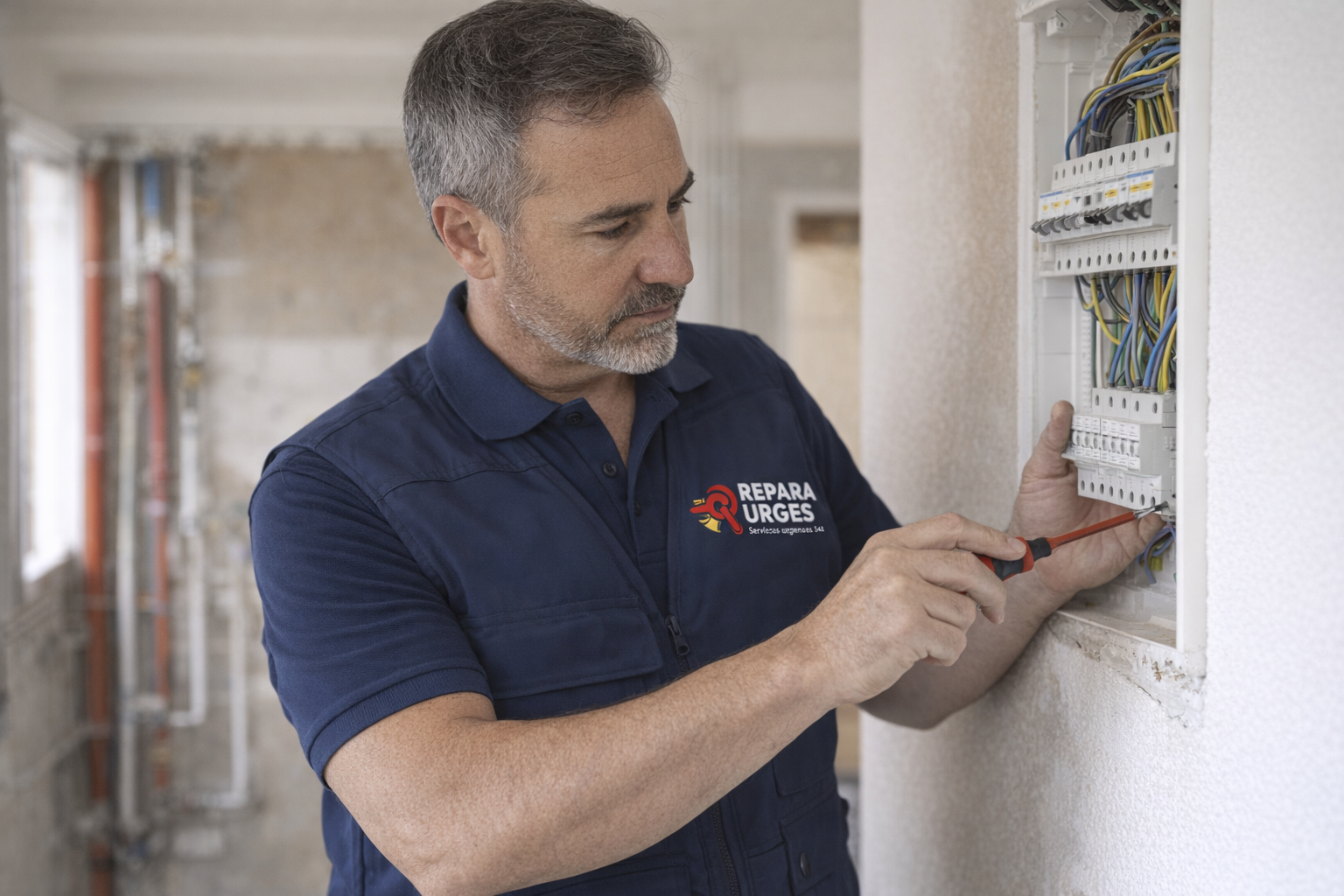 Electricista verificado de ReparaUrges revisando un cuadro eléctrico en una vivienda